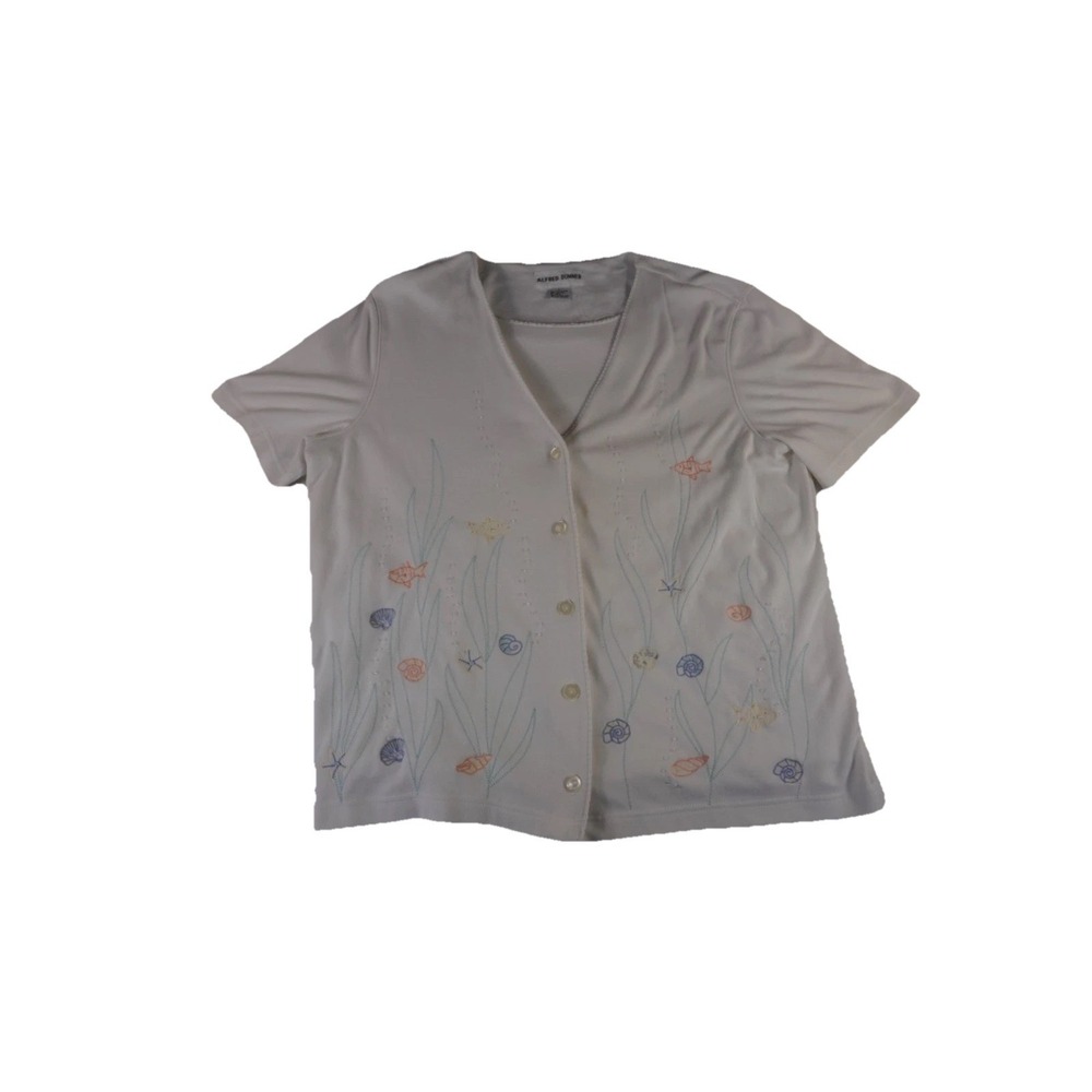 Alfred Dunner Top Womens Large White Cotton Button Front Embellished Ocean Beach